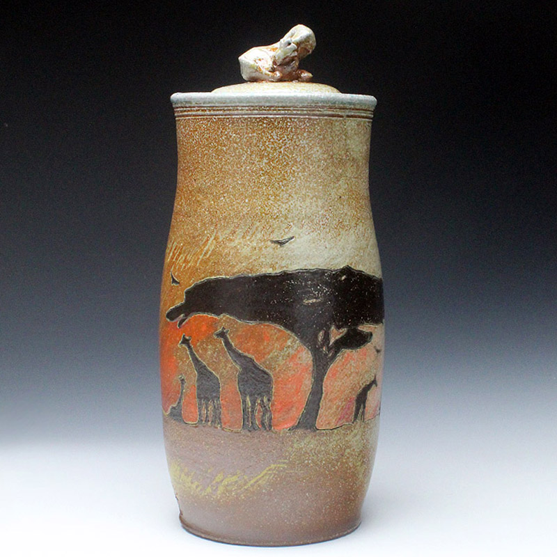 Lidded Jar with Giraffe Motif and Sculped Knob